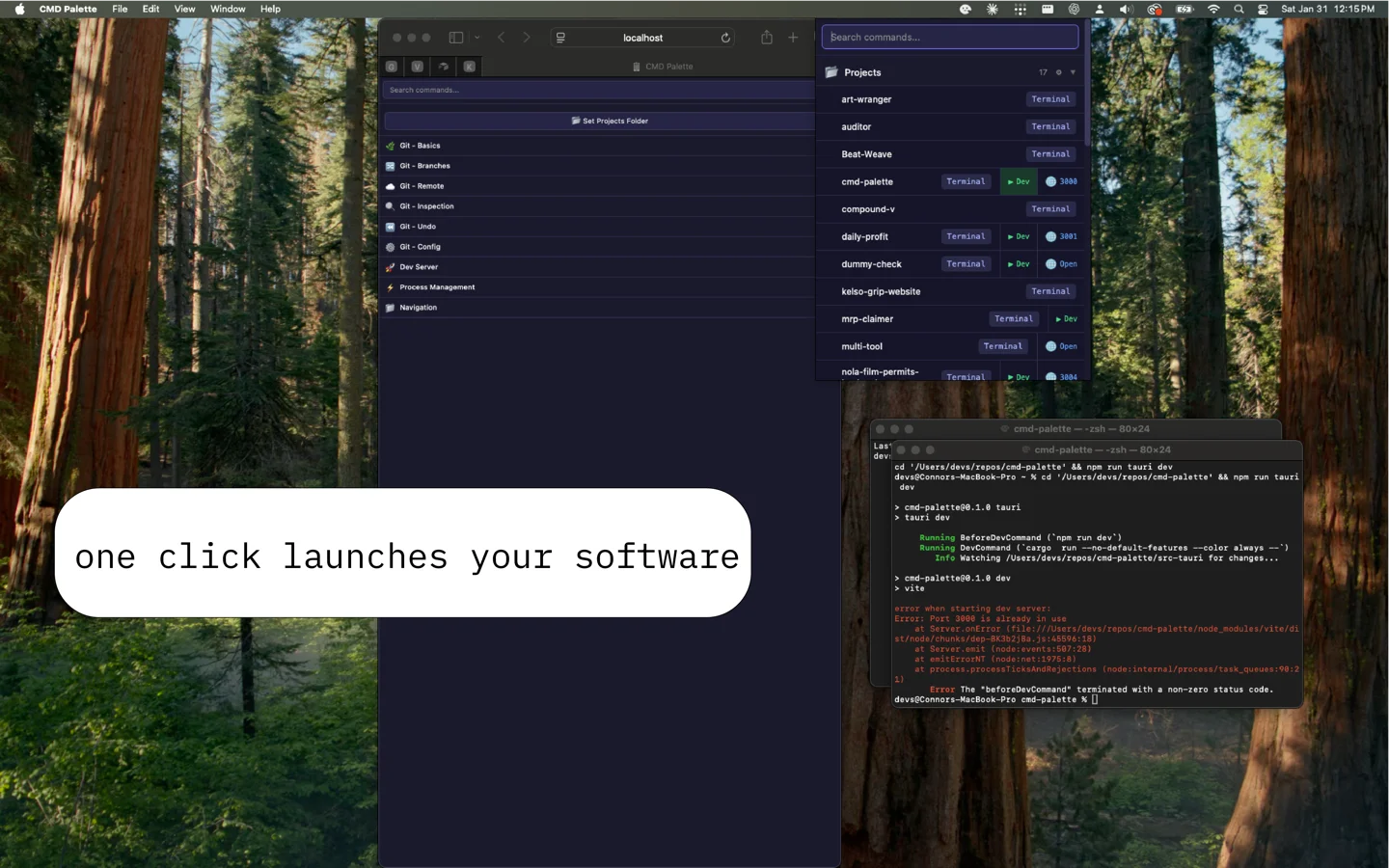 CMD Palette showing project list and terminal